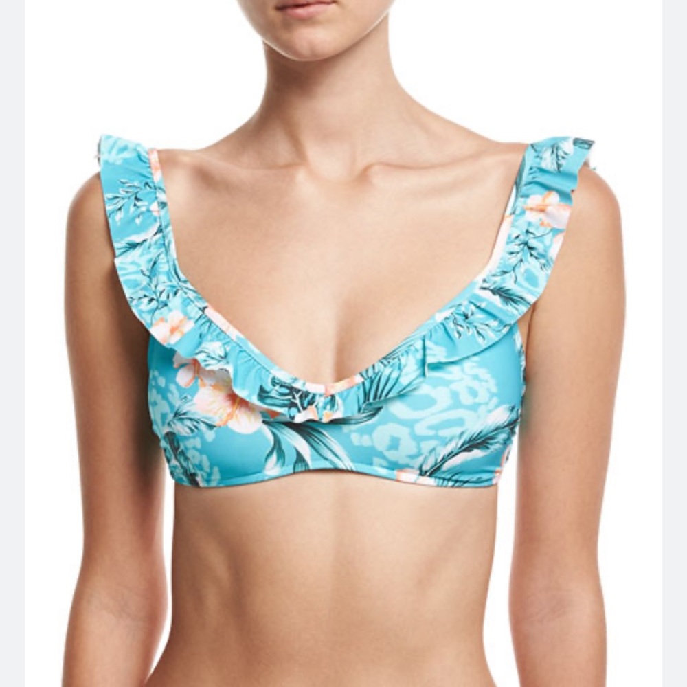 SEAFOLLY Anthropologie *Pacifico* green floral ruffle bralette bikini top 6 8